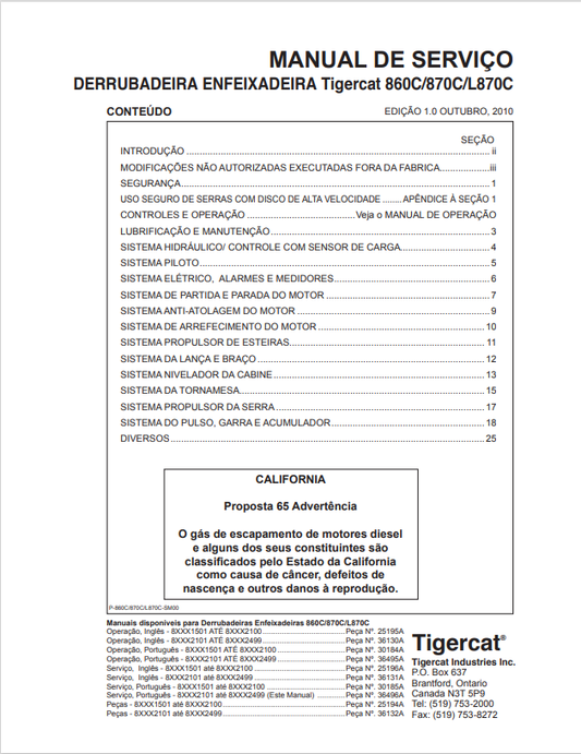 Tigercat 860C, 870C, L870C Falling Down Feixadeira Service Manual 25196A
