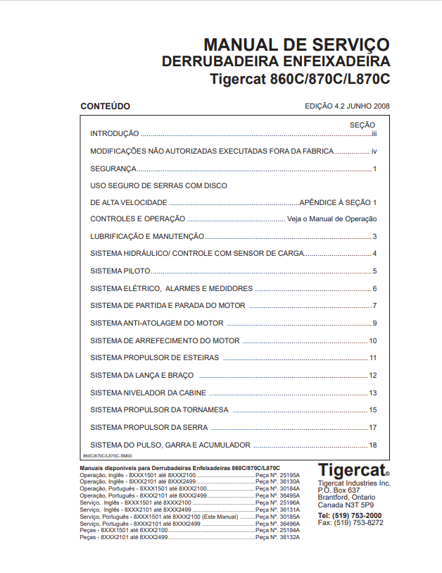 Tigercat 860C, 870C, L870C Falling Down Feixadeira Service Manual 36131A