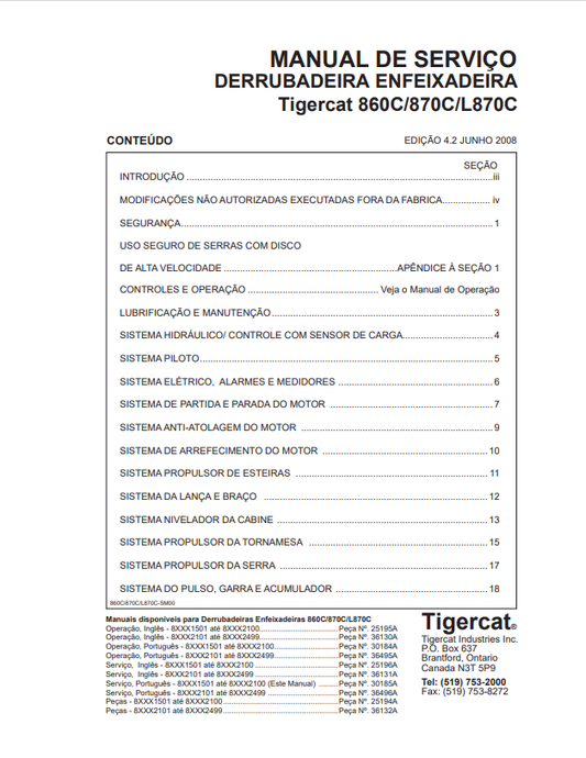 Tigercat 860C, 870C, L870C Falling Down Feixadeira Service Manual 36131A