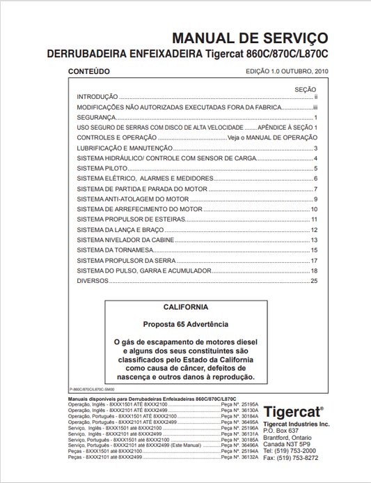 Tigercat 860C, 870C, L870C Falling Down Feixadeira Service Manual 25196A