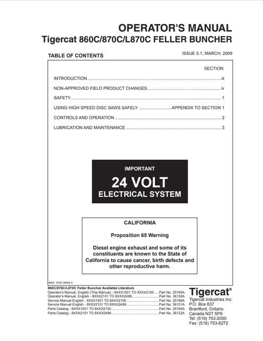 Tigercat 860C, 870C, L870C Feller Buncher Operator Manual 25195A
