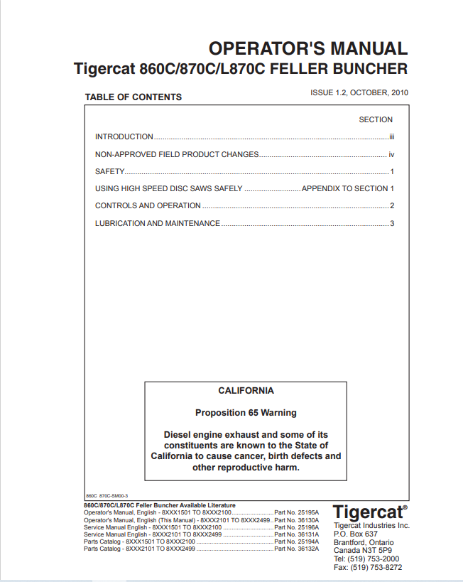 Tigercat 860C, 870C, L870C Feller Buncher Operator Manual 25195A (2)