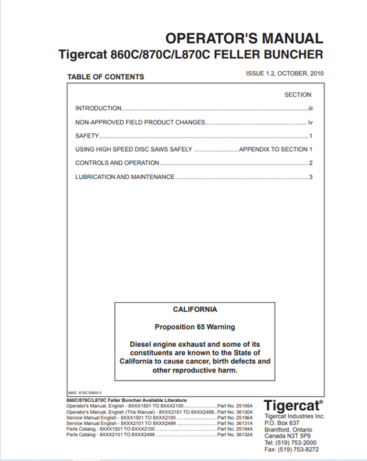 Tigercat 860C, 870C, L870C Feller Buncher Operator Manual 25195A (2)