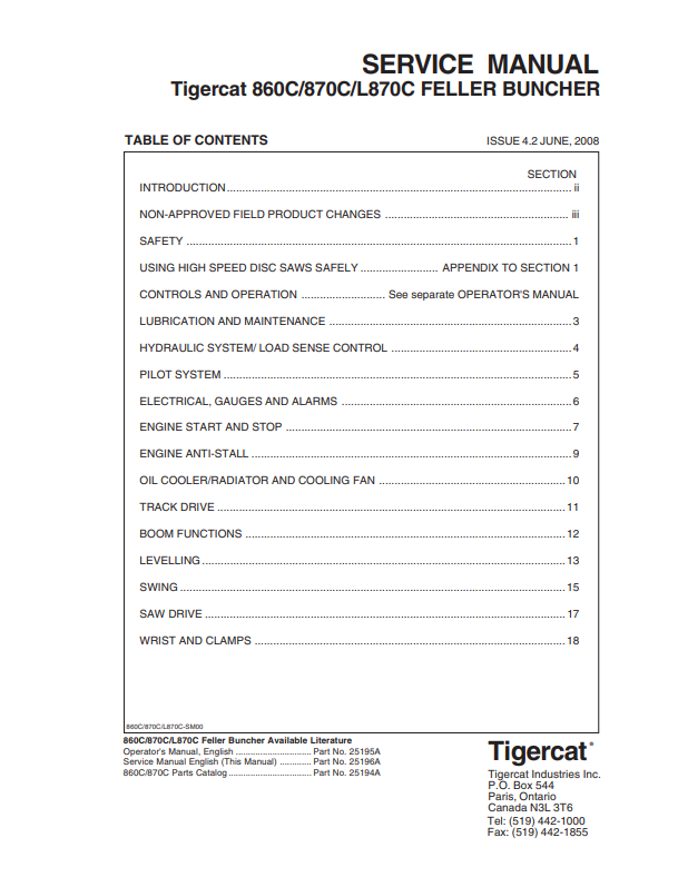 Tigercat 860C, 870C, L870C Feller Buncher Service Manual 25196A