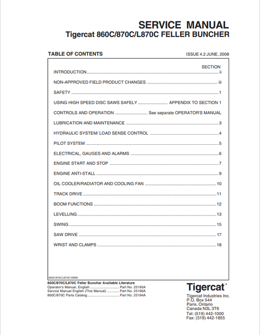 Tigercat 860C, 870C, L870C Feller Buncher Service Manual 25196A - Shortcut