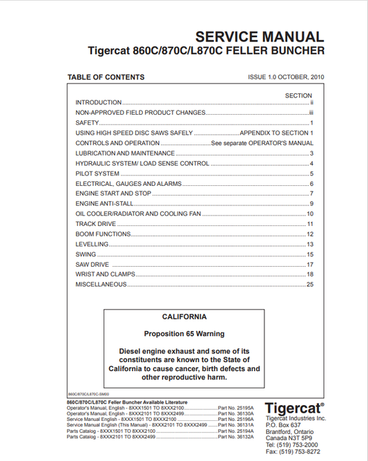 Tigercat 860C, 870C, L870C Feller Buncher Service Manual 36131A