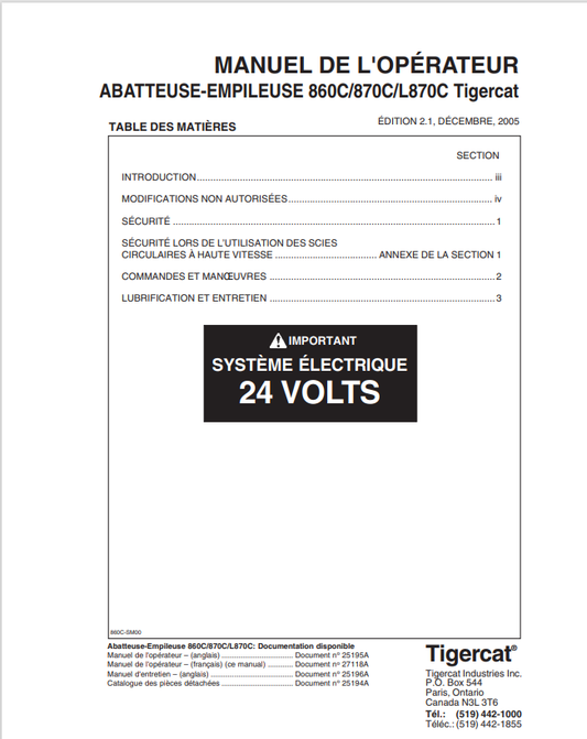 Tigercat 860C, 870C, L870C Feller-stacker Operator Manual 25195A