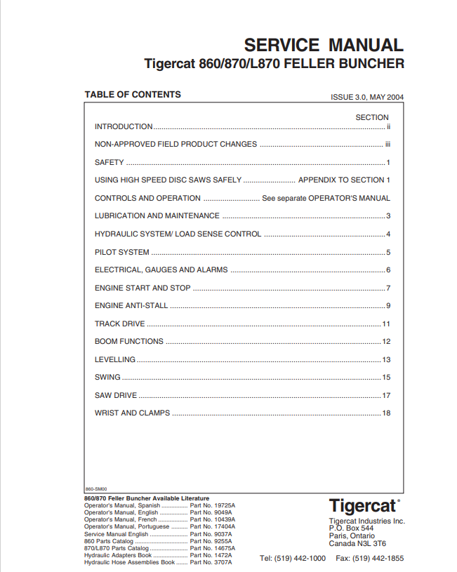 Tigercat 860, 870, L870 Falling Down Feixadeiras Service Manual 9037A
