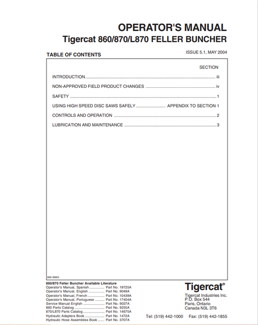 Tigercat 860, 870, L870 Feller Buncher Operator Manual 19725A
