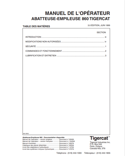 Tigercat 860 Felling And Stacking Machine Operator Manual 9049A
