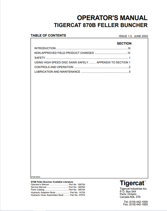 Tigercat 870B Feller Buncher Operator Manual 18875A