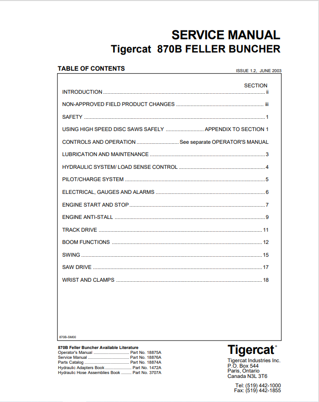 Tigercat 870B Feller Buncher Service Manual 18876A