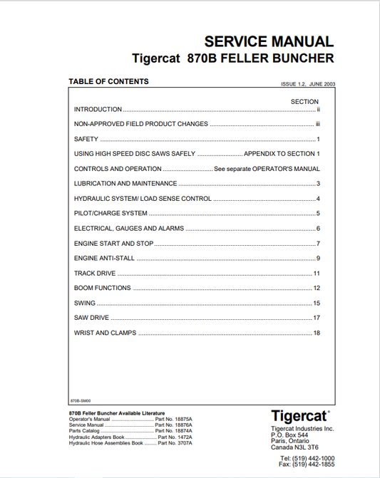 Tigercat 870B Feller Buncher Service Manual 18876A