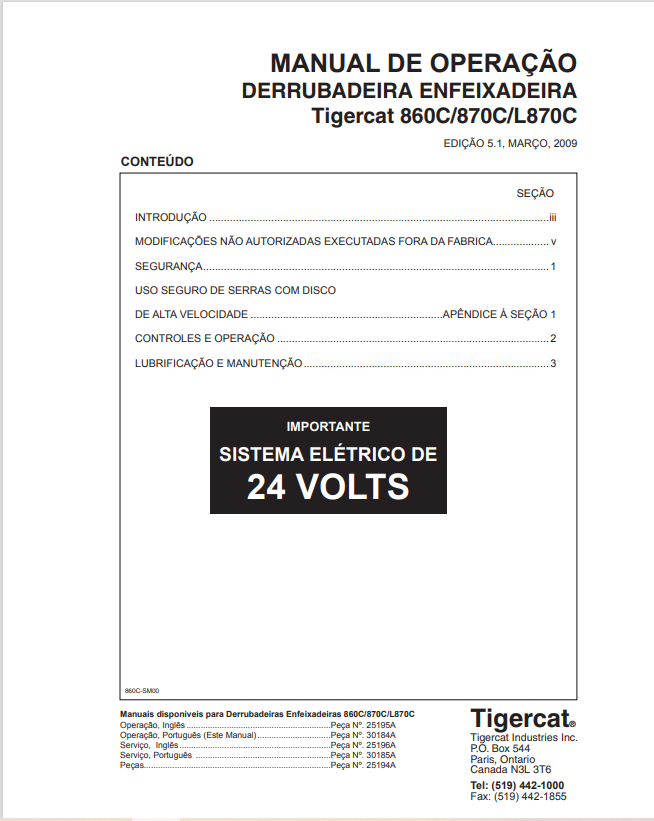 Tigercat 860C, 870C, L870C Falling Down Feixadeira Operating Manual 25195A