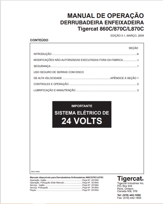 Tigercat 860C, 870C, L870C Falling Down Feixadeira Operating Manual 25195A