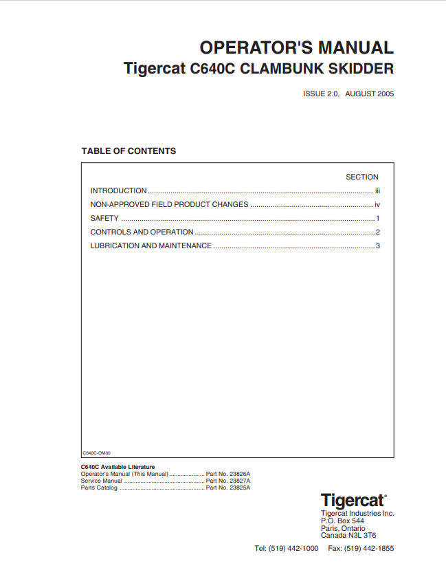 Tigercat C640C Clambunk Skidder Operator Manual 23826A