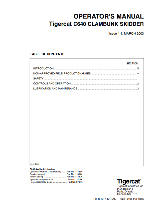Tigercat C640 Clambunk Skidder Operator Manual 11333A