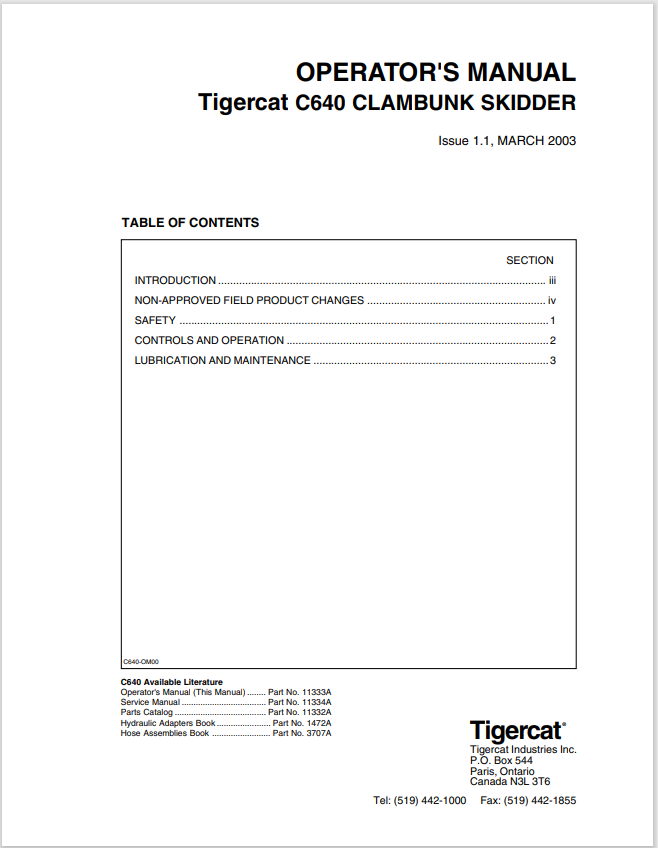 Tigercat C640 Clambunk Skidder Operator Manual 11333A