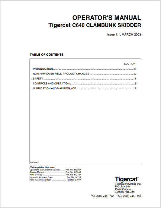 Tigercat C640 Clambunk Skidder Operator Manual 11333A