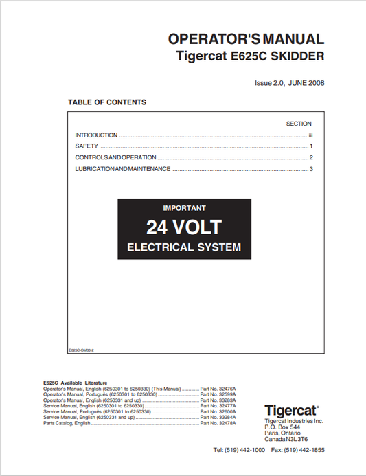 Tigercat E625C Skidder Operator Manual 33283A