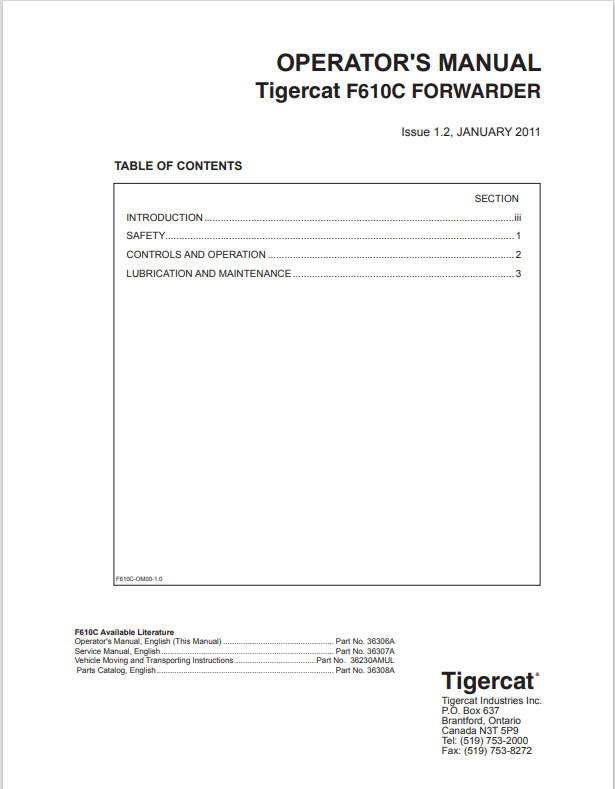 Tigercat F610C Forwarder Operator Manual 36306A