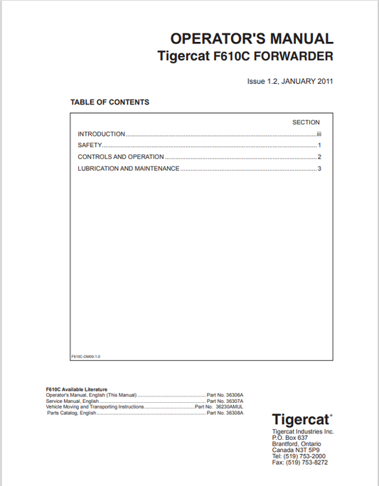 Tigercat F610C Forwarder Operator Manual 36306A