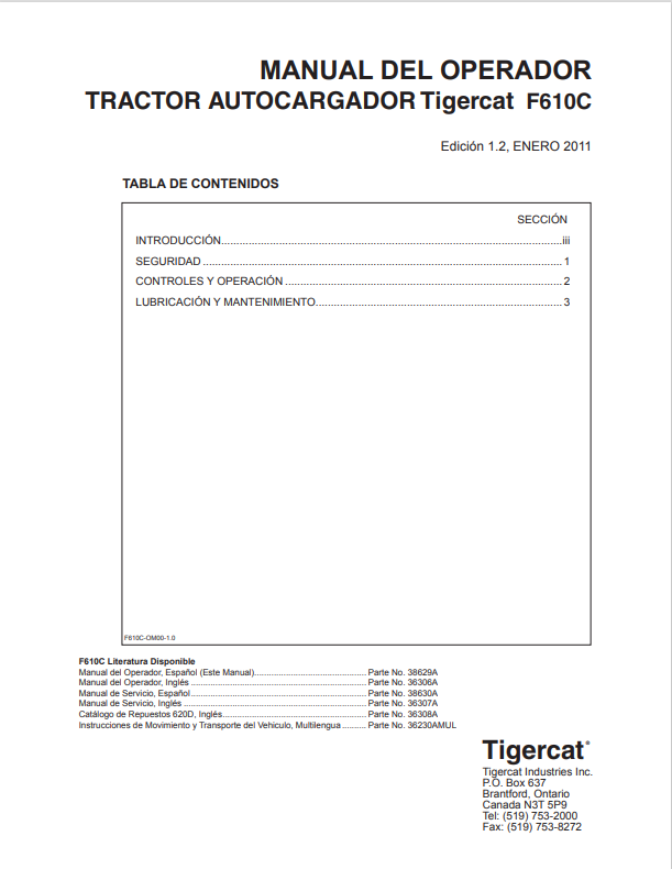 Tigercat F610C Self-loading Tractor Operator Manual 38629A
