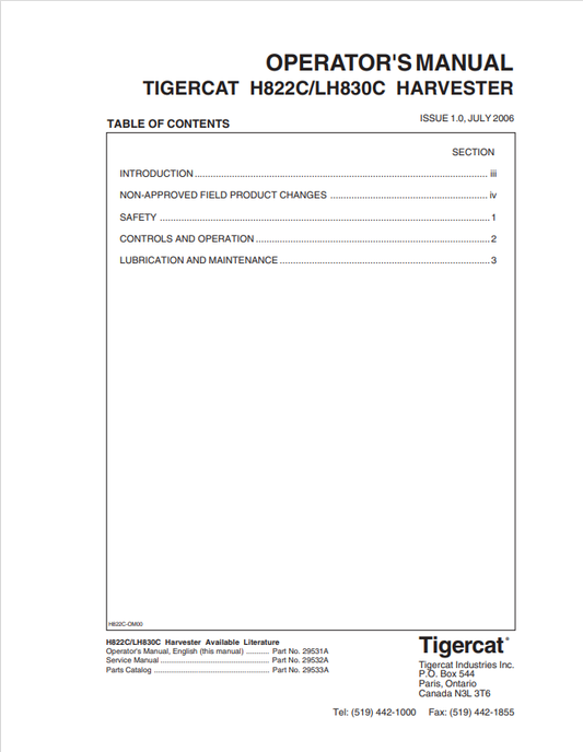 Tigercat H822C, LH830C Harvester Operator Manual 29531A