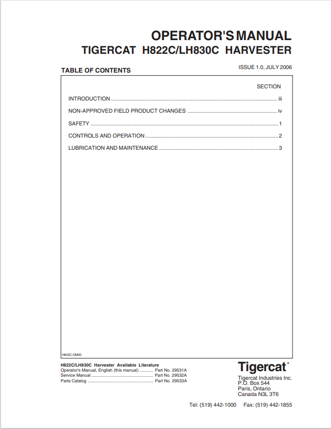 Tigercat H822C, LH830C Harvester Operator Manual 29531A 1
