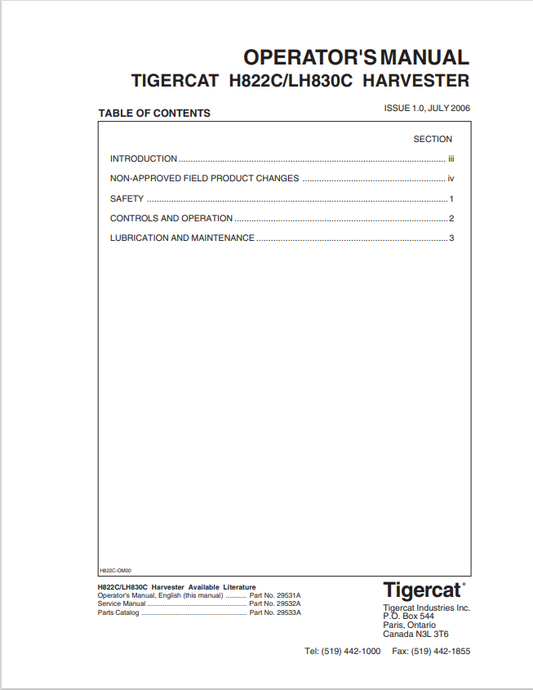 Tigercat H822C, LH830C Harvester Operator Manual 29531A 1