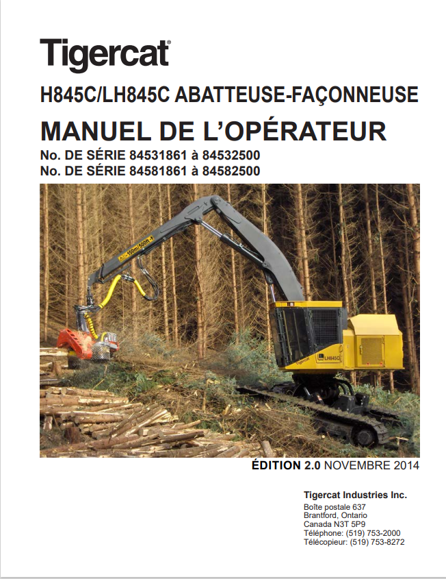 Tigercat H845C, LH845C Felling And Processing Machine Operator Manual 32268AENG