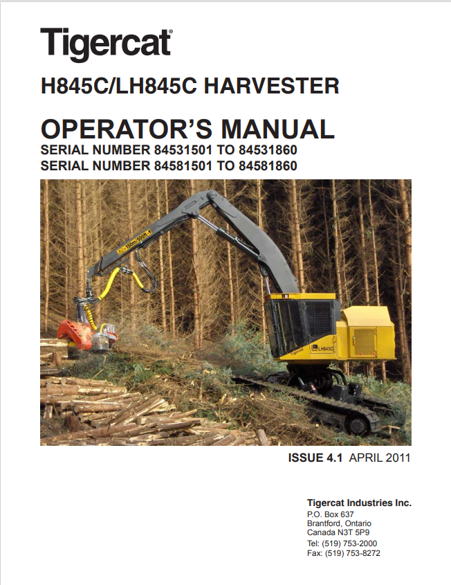 Tigercat H845C, LH845C Harvester Operator Manual 32268AENG