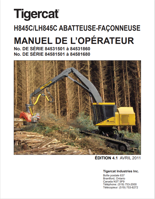 Tigercat H845C, LH845C Felling And Processing Machine Operator Manual 32268AENG