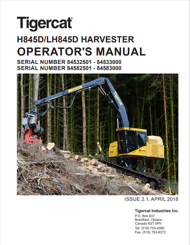 Tigercat H845D, LH845D Harvester Operator Manual 42787AENG