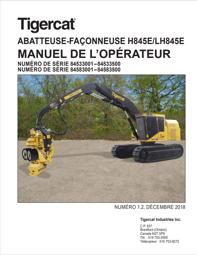 Tigercat H845E, LH845E Harvester Operator Manual 54712AENG 1