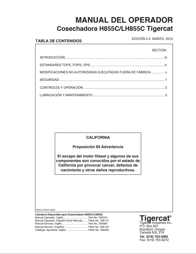 Tigercat H855C, LH855C Combine Harvester Operator Manual 30937A