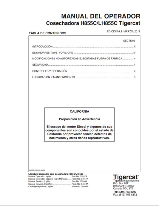 Tigercat H855C, LH855C Combine Harvester Operator Manual 30937A