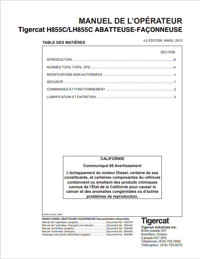 Tigercat H855C, LH855C Felling And Processing Machine Operator Manual 30937A