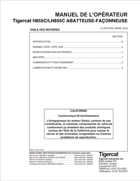 Tigercat H855C, LH855C Felling And Processing Machine Operator Manual 30937A