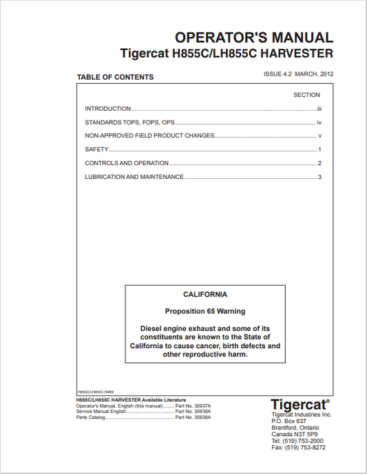 Tigercat H855C, LH855C Harvester Operator Manual 30937A