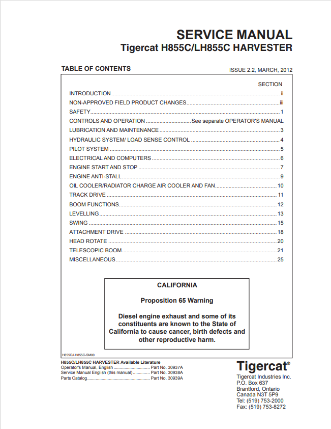 Tigercat H855C, LH855C Harvester Service  Manual 30938A