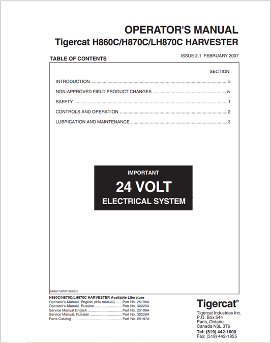 Tigercat H860C, H870C, LH870C Harvester Operator Manual 25198A
