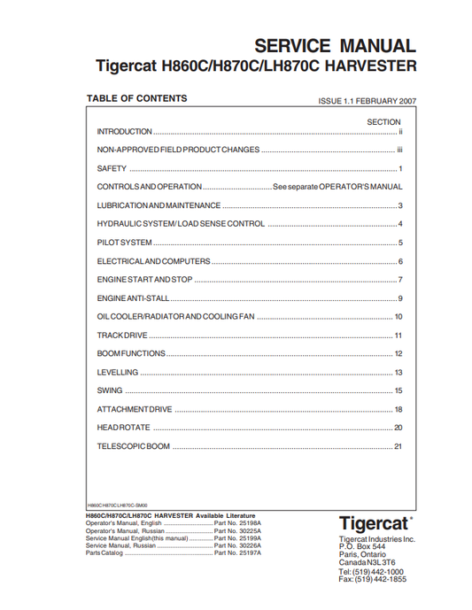 Tigercat H860C, H870C, LH870C Harvester Service Manual 25199A
