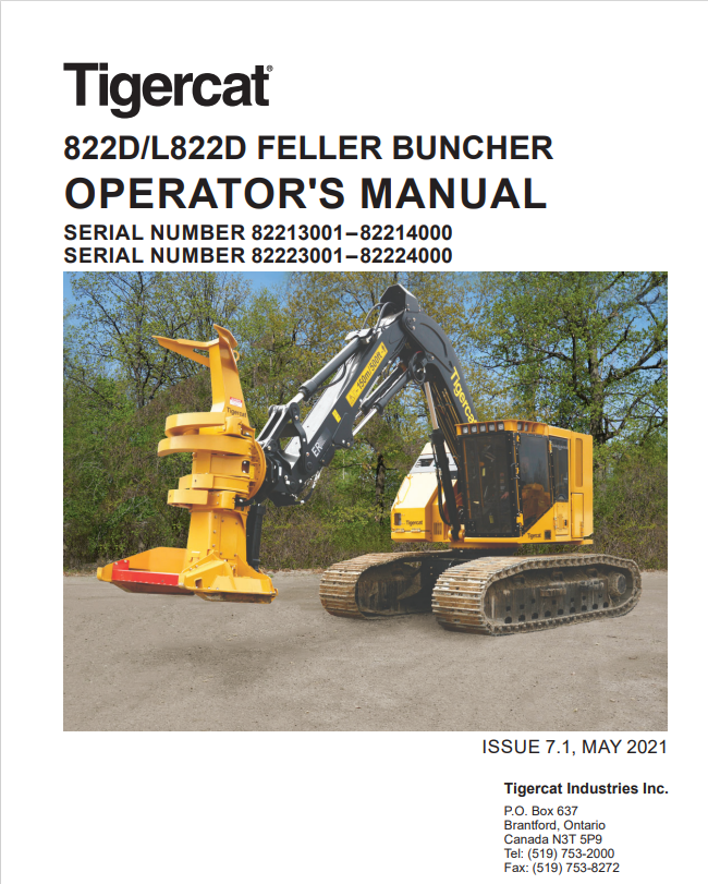 Tigercat 822D, L822D Feller Buncher Operator Manual 44830AENG
