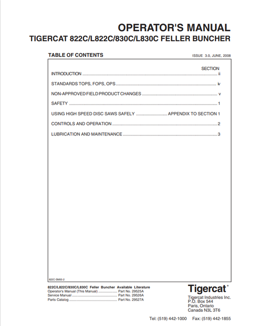 Tigercat L830, LX830, X830 Feller Buncher Operator Manual 29525A