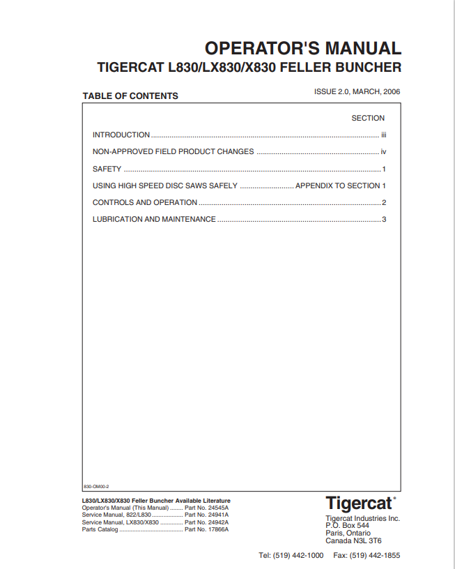 Tigercat L830, LX830, X830 Feller Buncher Operator Manual 830-OM00-2