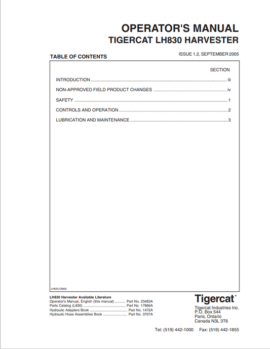 Tigercat LH830 Harvester Operator Manual 23483A