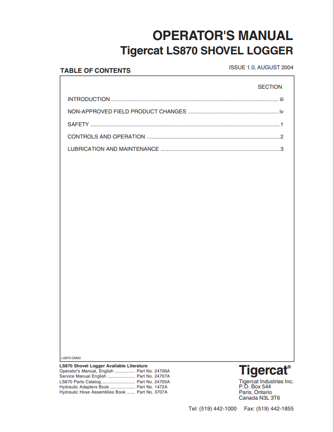 Tigercat LS870 Shovel Logger Operator Manual 24706A