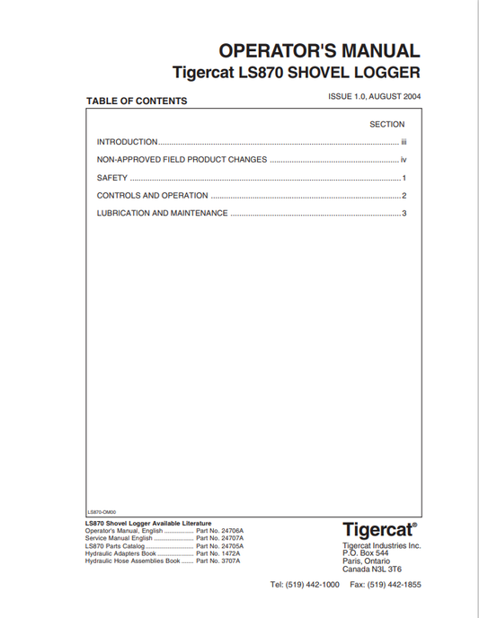 Tigercat LS870 Shovel Logger Operator Manual 24706A