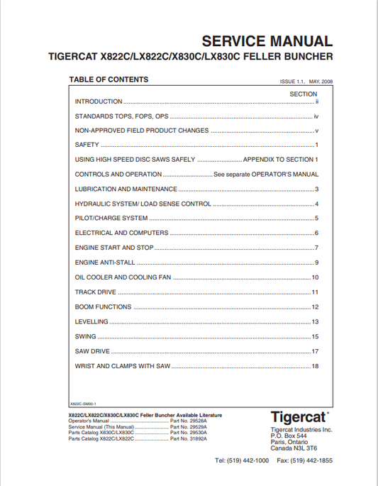 Tigercat X822C, LX822C, X830C, LX830C Feller Buncher Service Manual 44156AENG

